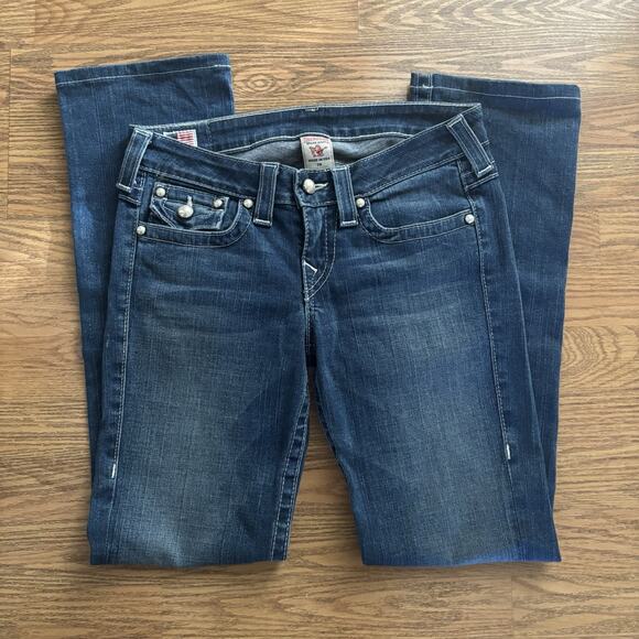 True Religion Jeans Size 29 Low Rise Pearl Buttons Blue Denim Straight Leg USA - Picture 1 of 4